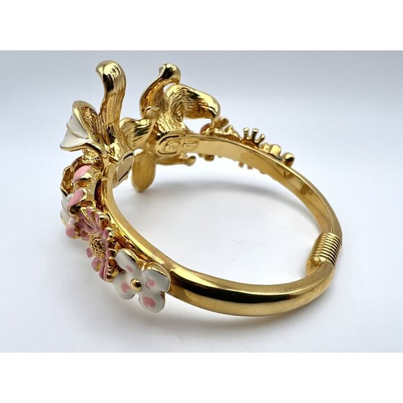 VTG KJL Kenneth Lane Bracelet Pink & White Enameled Flowers Pearls Gold Tone - Picture 8 of 15